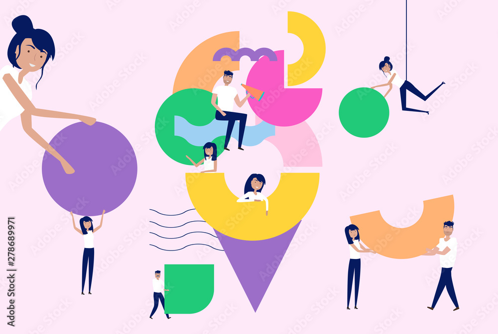 Teamwork and organization concept. Illustration of group of people organizing and arranging abstract geometric shapes. Editable vector illustration.
