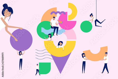 Teamwork and organization concept. Illustration of group of people organizing and arranging abstract geometric shapes. Editable vector illustration.