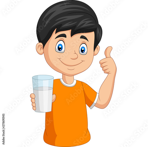 Cartoon little boy with a glass of milk giving thumb up