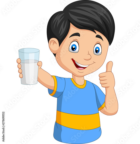 Cartoon little boy with a glass of milk giving thumb up