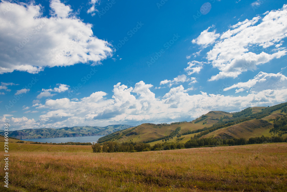 Blue sky with white clouds, trees, fields and meadows with green grass, against the mountains. Composition of nature. Rural summer landscape.