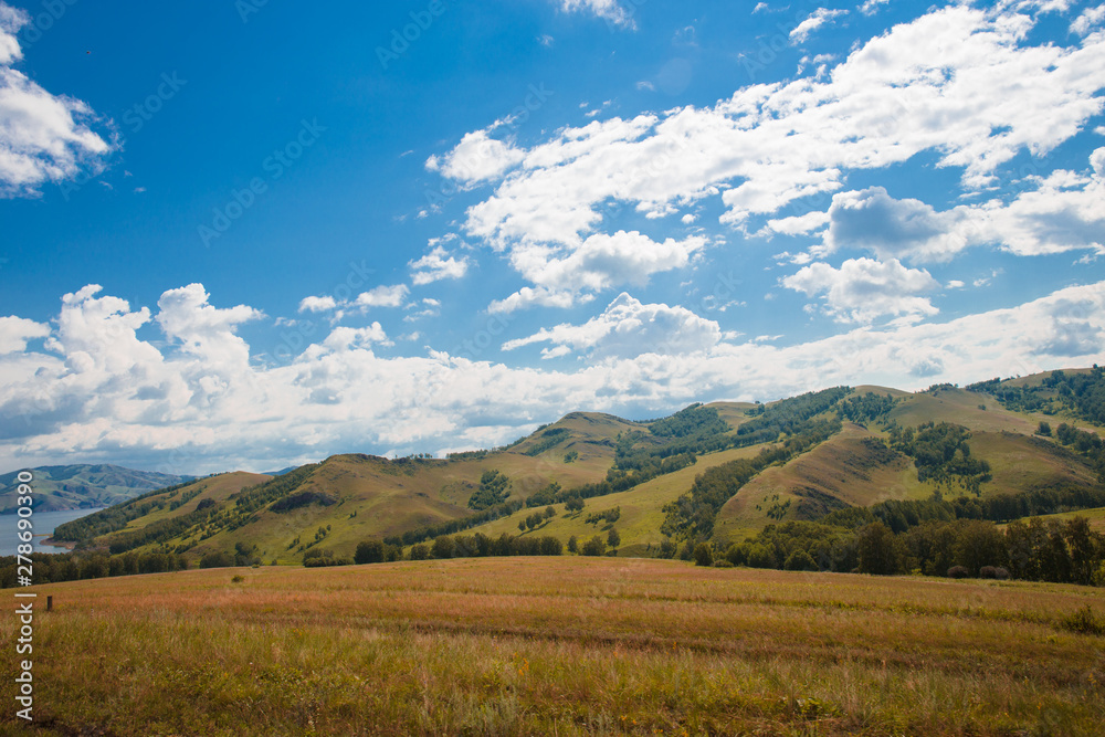 Blue sky with white clouds, trees, fields and meadows with green grass, against the mountains. Composition of nature. Rural summer landscape.