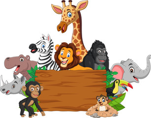 Wandcirkels Cartoons Cartoondier met leeg houten bordje  © tigatelu