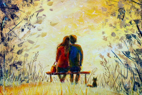 Fototapeta Naklejka Na Ścianę i Meble -  Oil painting romance and love. A loving couple and cat - young man and beautiful girl are sitting on bench and enjoying beautiful view of yellow sunset. Romantic landscape.