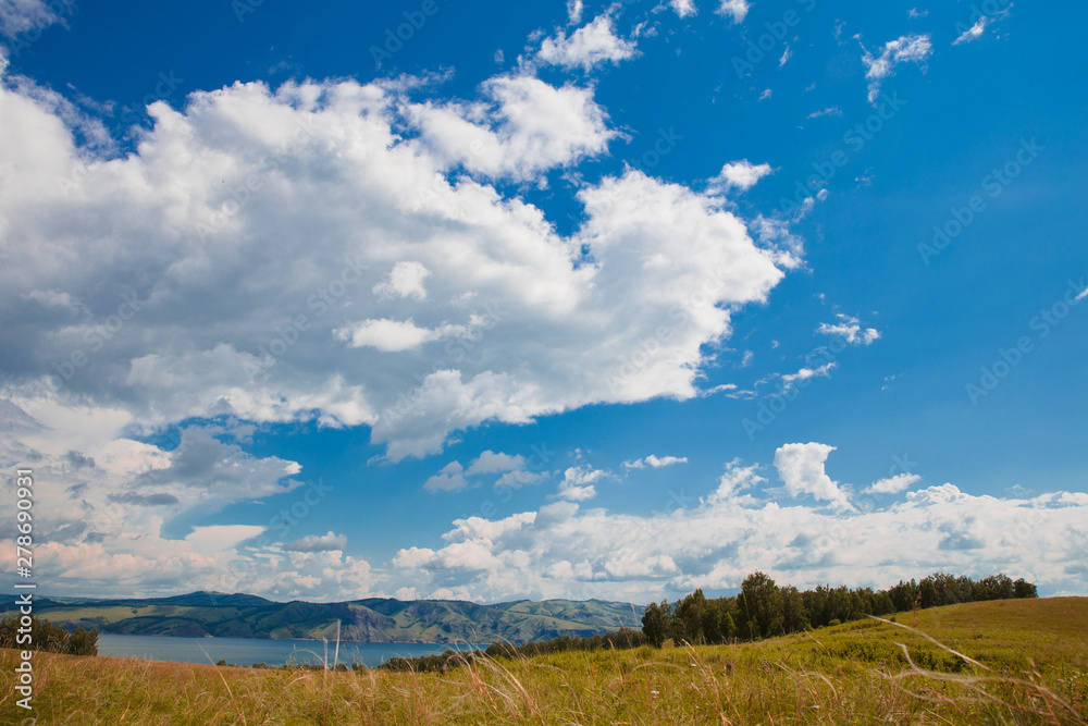 Blue sky with white clouds, trees, fields and meadows with green grass, against the mountains. Composition of nature. Rural summer landscape.