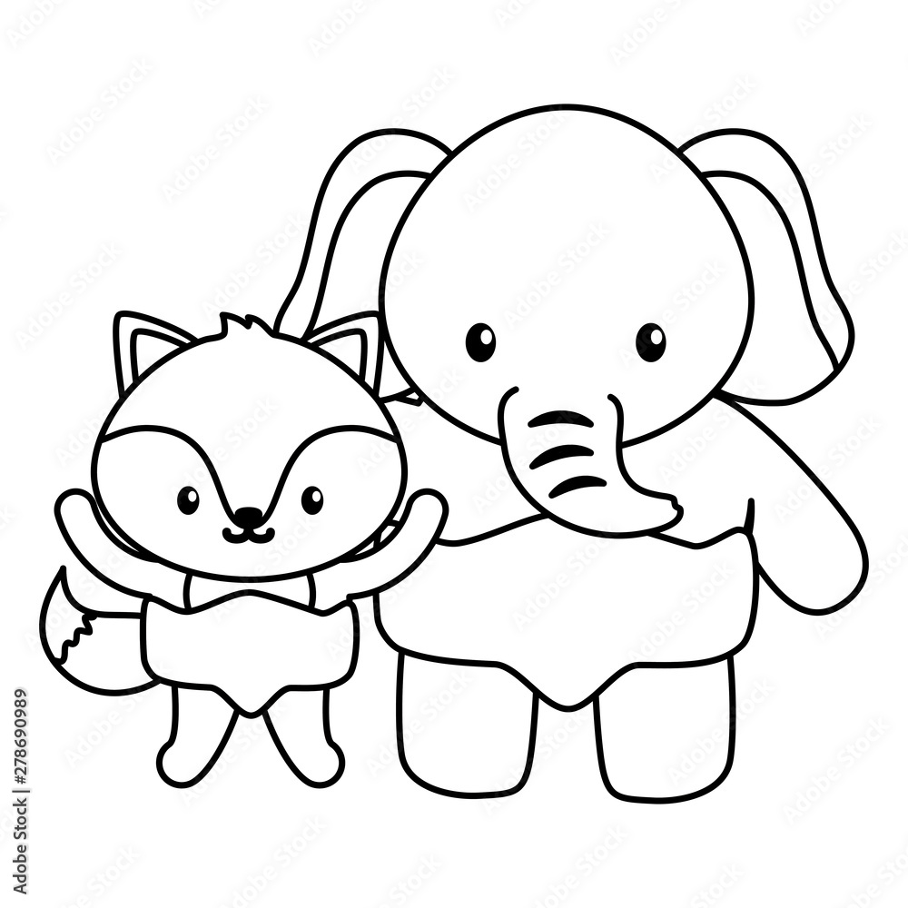 Fototapeta premium cute little elephant with fox babies characters