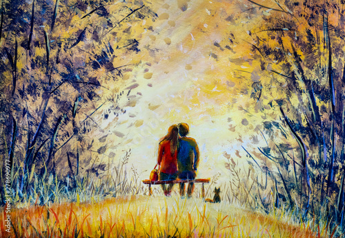 Fototapeta Naklejka Na Ścianę i Meble -  Oil painting romance and love. A loving couple and cat - young man and beautiful girl are sitting on bench and enjoying beautiful view of yellow sunset. Romantic landscape.
