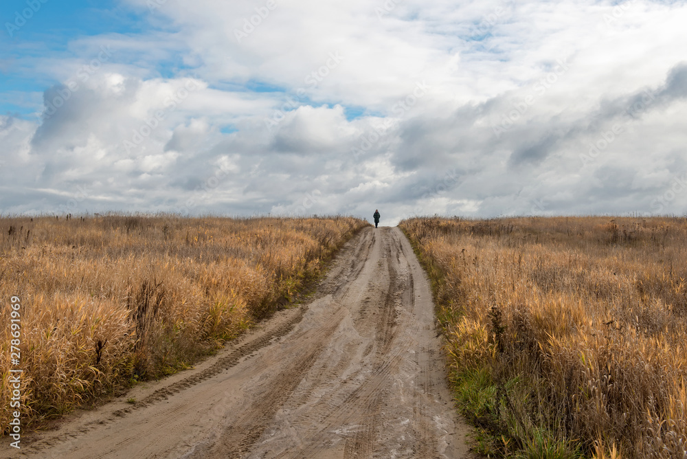 Country road rut with puddles through agricultural field Country road rut with puddles through agricultural field