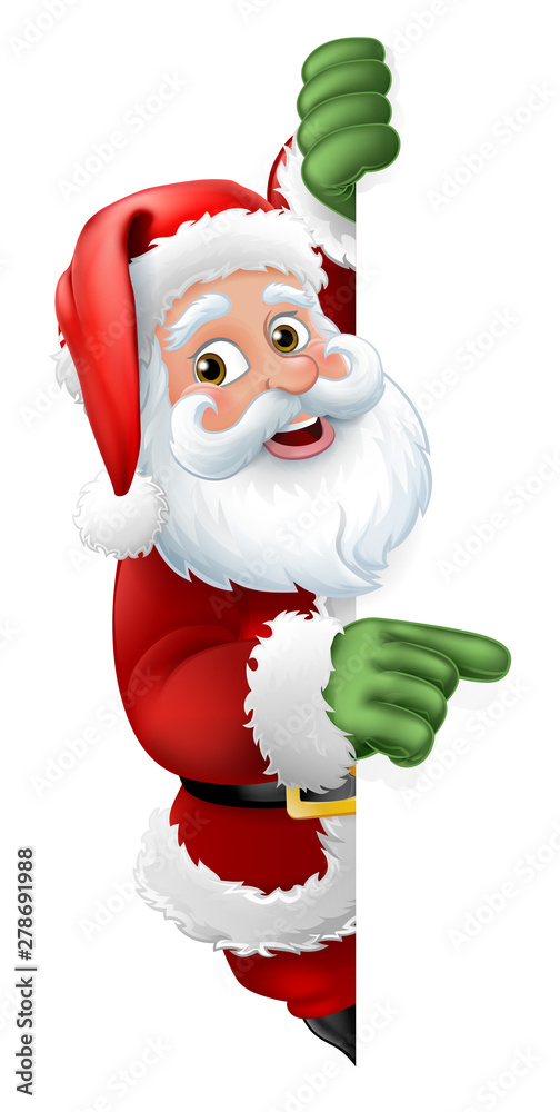 Santa Christmas cartoon character peeking around a sign and pointing at it  Stock Vector | Adobe Stock