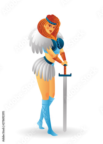 Cartoon viking woman with sword. Sexy girl cartoon  character. Vector illustration isolated on white background for poster, card, web, logo