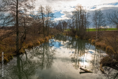 Autumn forest river water panorama. Natural color.