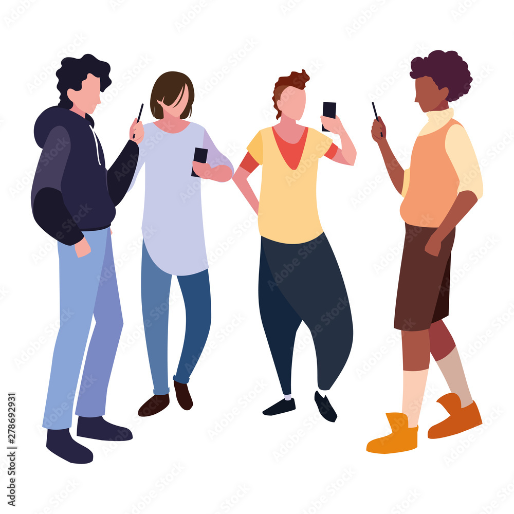Obraz premium group men using smartphone social media