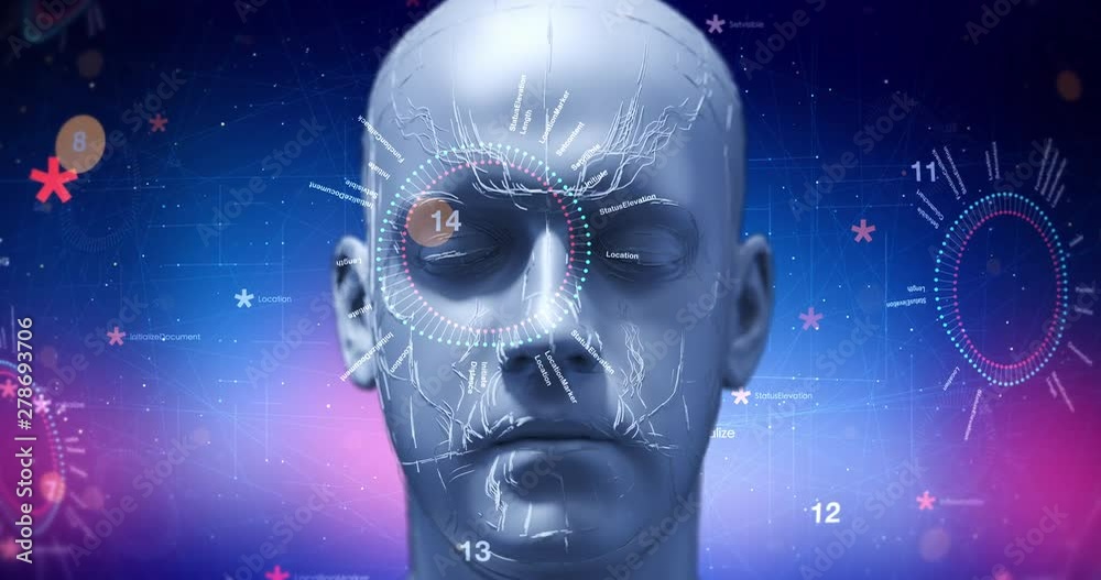 Advanced Bionic Robot Head Slowly Moving Forward With HUD Around - Technology Related 3D 4K Animation Loop Advanced Bionic Robot Head Slowly Moving Forward With HUD Around - Technology Related 3D 4K Animation Loop