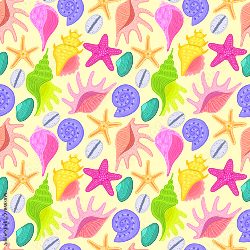 Vector seamless pattern with colorful shells. Ornament with seashells. Wrapping paper, package, wallpaper, clothing and other textile in a pet store or aquapark, print on shower curtain, beach mat