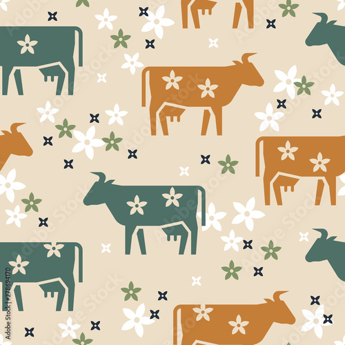Cute seamless vector pattern of farm animals cows, flowers and other elements in various colors.
