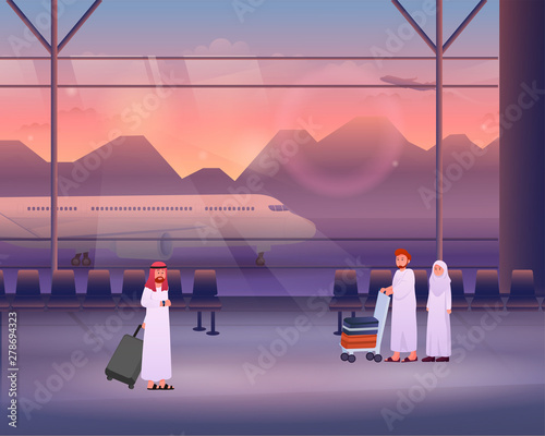 Airport Situation Illustration, People After Hajj or Umrah Arrived