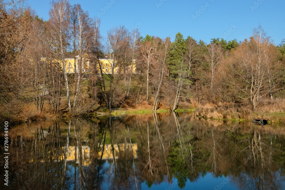 MOSCOW REGION, RUSSIA - NOVEMBER 3, 2018: Country Hotel Bor. Located on a hilltop in a coniferous forest on the banks of the river Rozhayka MOSCOW REGION, RUSSIA - NOVEMBER 3, 2018: Country Hotel Bor. Located on a hilltop in a coniferous forest on the banks of the river Rozhayka