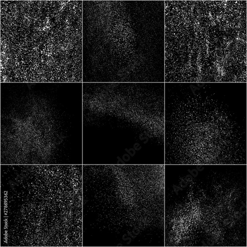 Set of White Grainy Texture Isolated On Black Background. Dust Overlay Texture. Noise Particles. Snow Effects Pack. Digitally Generated Image. Vector Illustration, EPS 10.