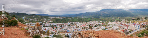 overview panorama of the blue city chefchaouen in morocco