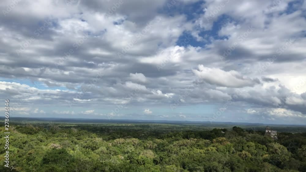 Overview of the bast forest of Peten and all the mayan pyramids in Tikal, Guatemala // Pan right Overview of the bast forest of Peten and all the mayan pyramids in Tikal, Guatemala // Pan right