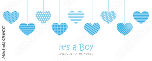 its a boy welcome greeting card for childbirth with hanging hearts vector illustration EPS10