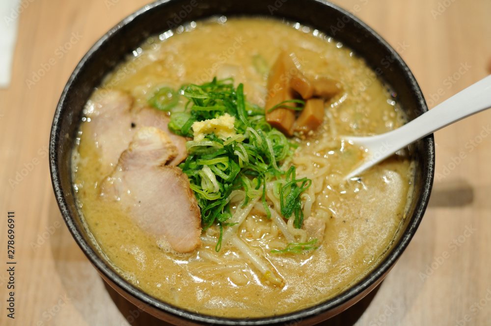 Traditional delicious ramen soup cooked with miso paste in Japan Traditional delicious ramen soup cooked with miso paste in Japan