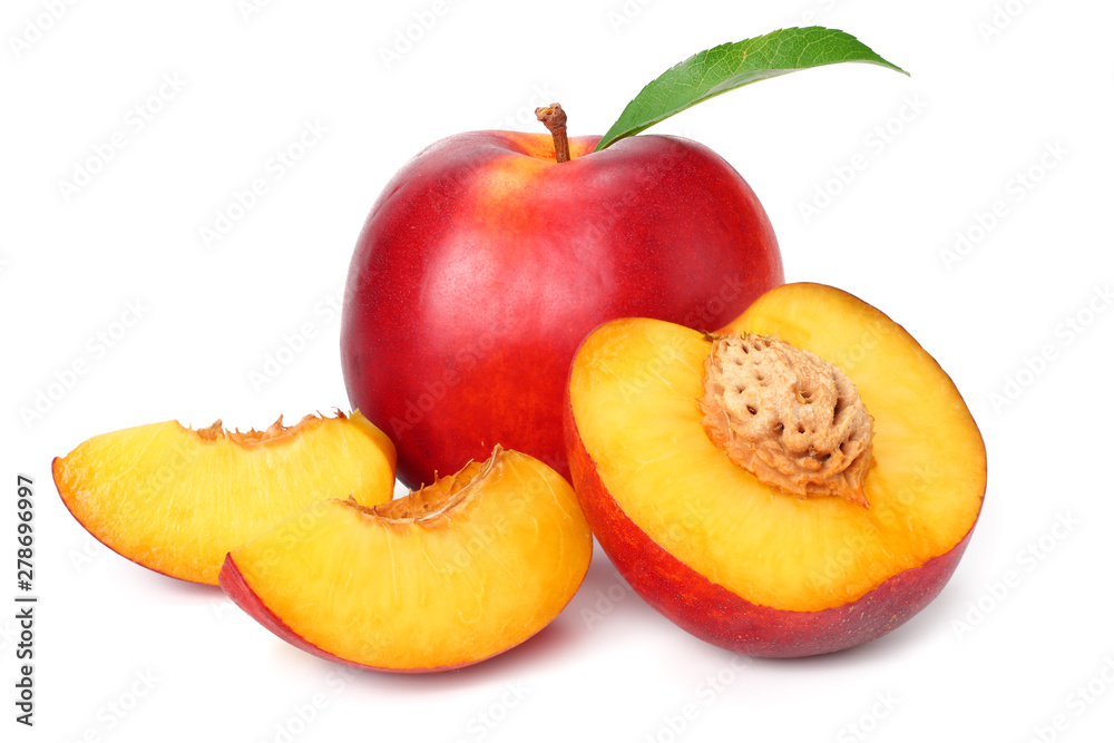 Nectarine with green leaf and slices isolated on white background Nectarine with green leaf and slices isolated on white background