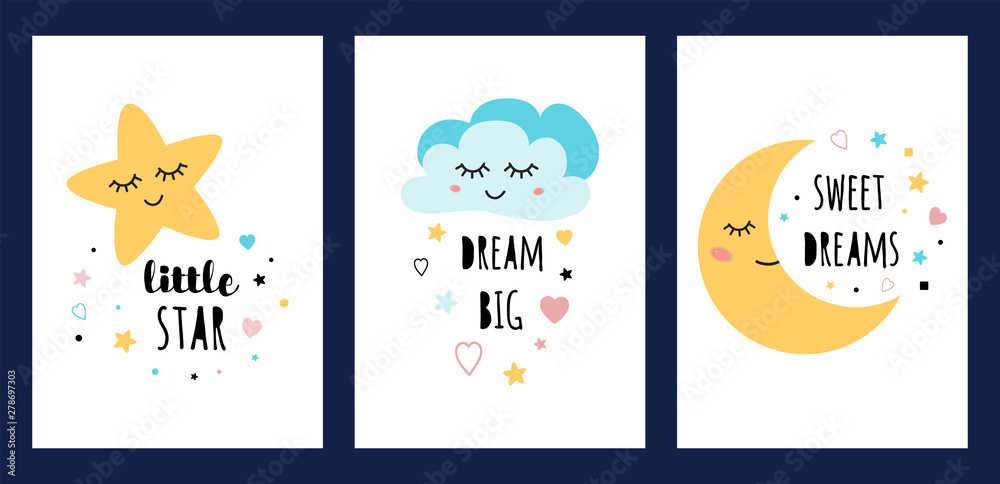 Star cloud moon sleep card set Sleeping character collection Funny posters text Dream big Sweet deams Little star vector