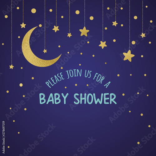 Baby Shower Invitation Template with sparkle golden moon, stars on dark blue vector