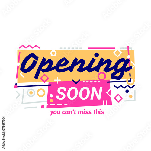 Yellow opening soon banner template with flat memphis design style.