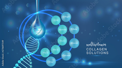 Hyaluronic acid plus multivitamins and minerals skin solutions ad, blue collagen serum drop with cosmetic advertising background ready to use, illustration vector.