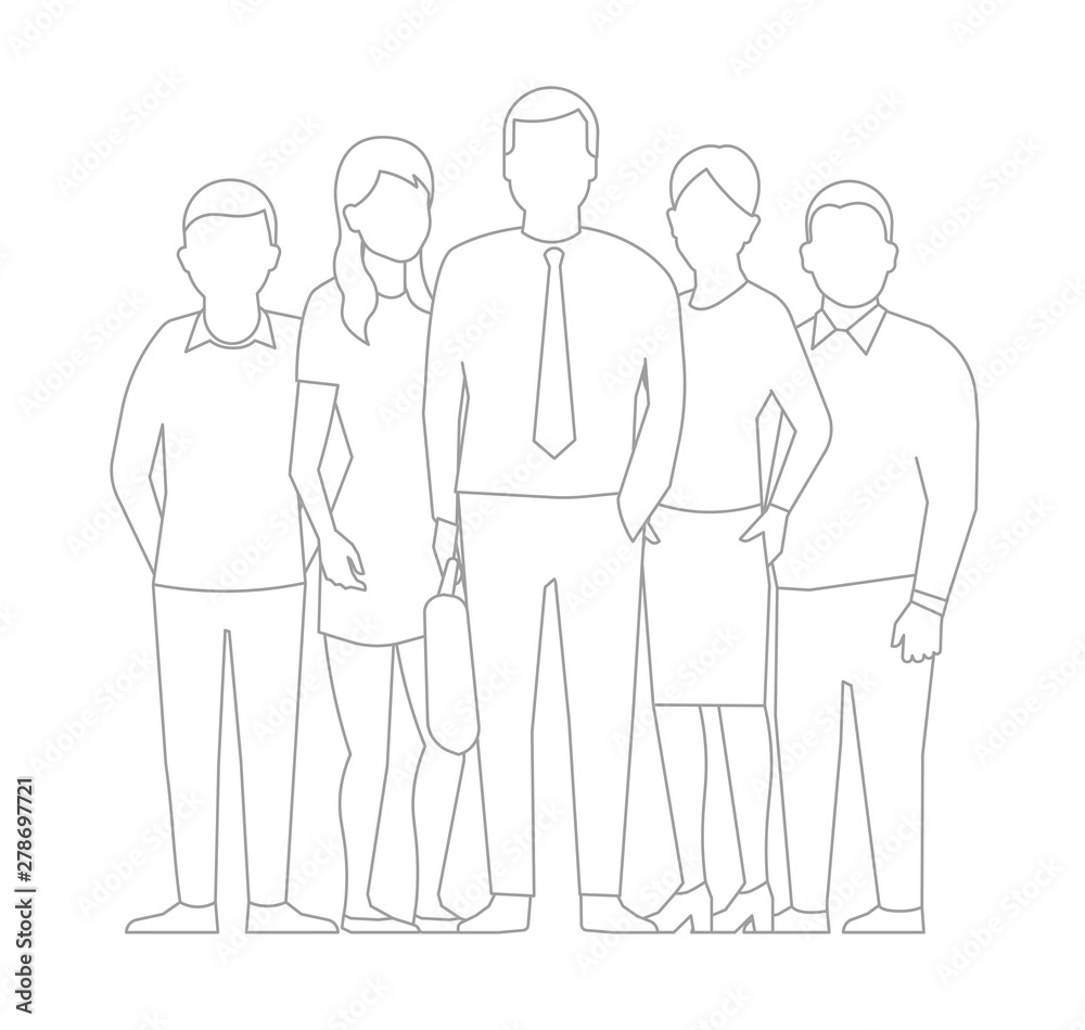 A group of people, workers team. Teamwork. Work partnership leadership. Men and women in business. Outline contour line vector illustration. A group of people, workers team. Teamwork. Work partnership leadership. Men and women in business. Outline contour line vector illustration.