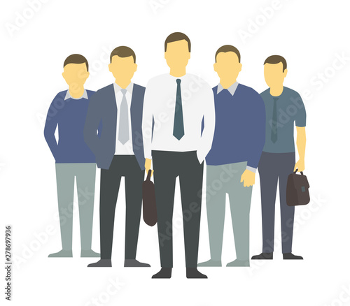 A group of people, workers team of businessmen. Teamwork. Work partnership leadership. Mens team. Vector flat.