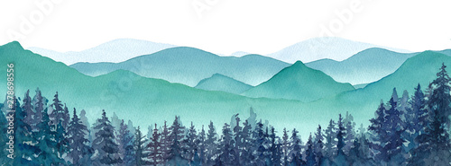 霧の山々と森林の風景パノラマ。水彩イラスト