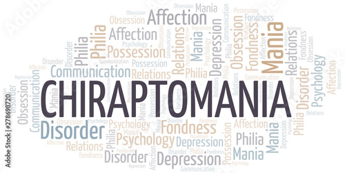 Chiraptomania word cloud. Type of mania, made with text only.