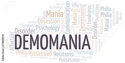 Demomania word cloud. Type of mania, made with text only.