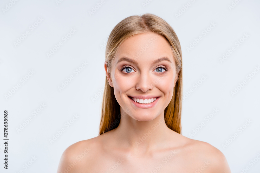 Close-up portrait of nice cute attractive lovely winsome delicate cheerful positive blonde girl pure smooth clean clear flawless skin isolated over light gray background Close-up portrait of nice cute attractive lovely winsome delicate cheerful positive blonde girl pure smooth clean clear flawless skin isolated over light gray background