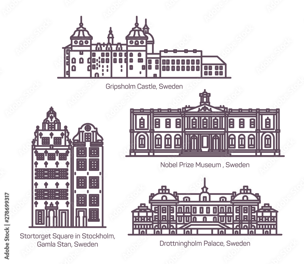 Set of Sweden architecture landmarks in line