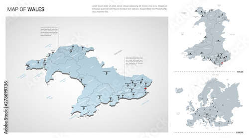 Vector set of Wales country. Isometric 3d map, Wales map, Europe map - with region, state names and city names.