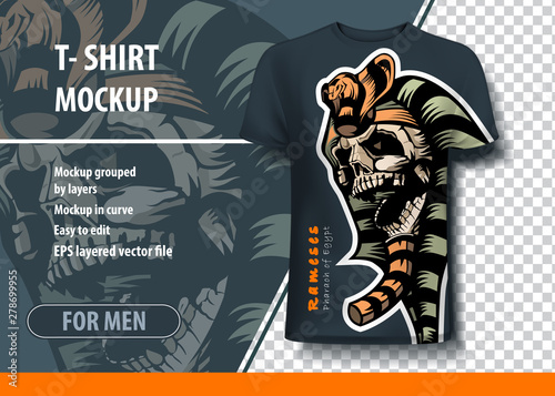 Beautiful vector template for T-shirt with the skull of Pharaoh Rameses ruler of ancient Egypt.