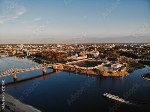 The old Volga bridge in Tver over the Volga at sunset. Top view