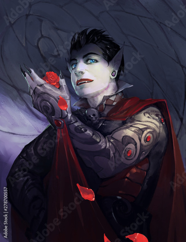 Fantasy portrait illustration of a weird and sinister vampire creature on the dark stone background