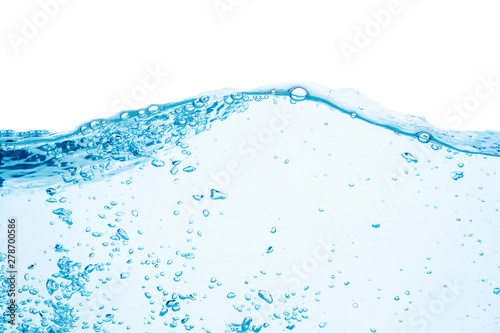 blue water surface with splash, waves and air bubbles on white background