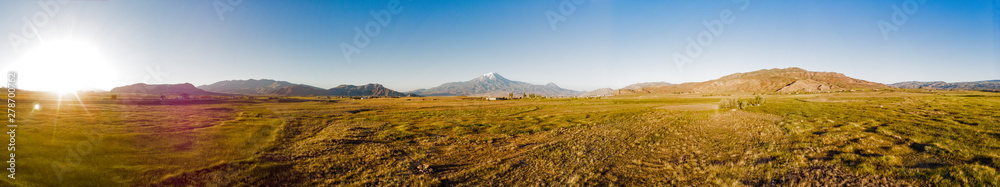 Aerial view of Mount Ararat, Agri Dagi. The highest mountain in Turkey on the border between the region of Agri and Igdir. The resting place of Noah's Ark. The Araratian plain near Dogubayazit