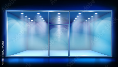 Empty shop interior. Blue background. Place for the exhibition. Vector illustration.