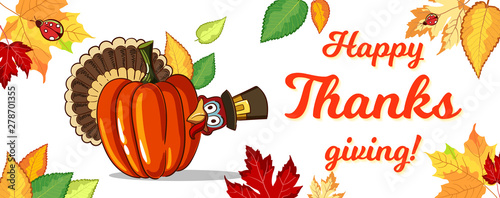 Bright autumn banner for Thanksgiving day with funny turkey and fresh pumpkin. Vector illustration