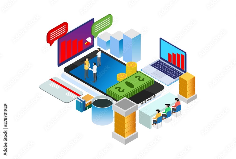 Modern Isometric Online Stock Market Technology Illustration in White Isolated Background With People and Digital Related Asset