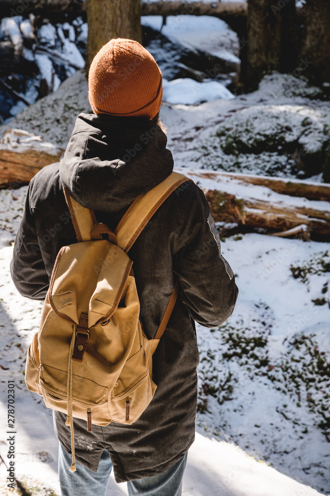 A bearded man in a hat and a backpack stands with his back in winter in a coniferous forest. The concept of winter travel and walks in the woods