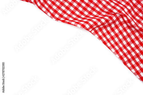 Wrinkled red gingham fabric isolated on white background, with copy space. 