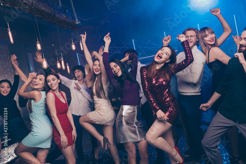 Portrait of funny funky people youth have move ecstatic thrilled evening party maker dress high-heels formalwear indoors holiday time carefree person concept